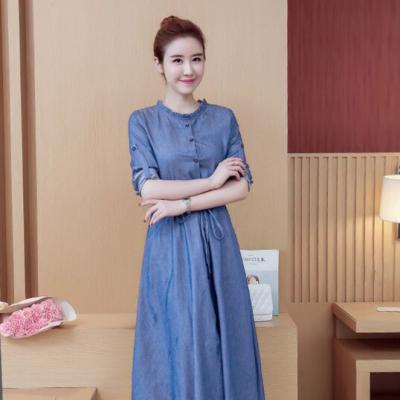 ĐẦM JEAN DENIM XÒE TAY DÀI CỔ BÈO TRÒN - N14